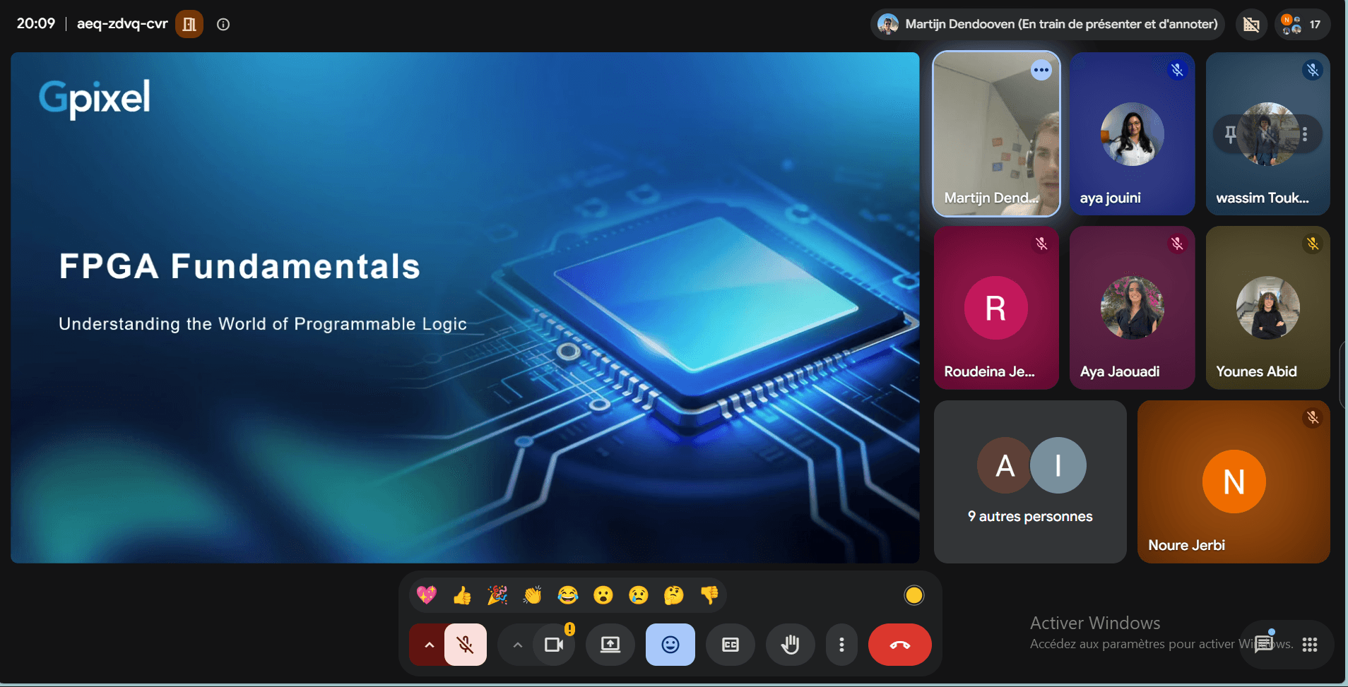 Google Meet screenshot of the FPGA Fundamentals presentation and participants in the IEEE ENIT report